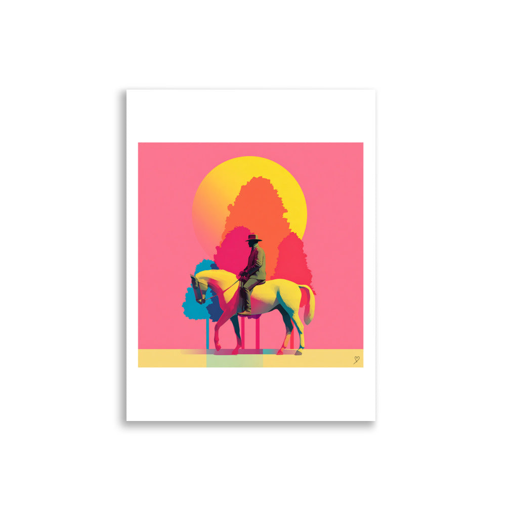 Affiche Tom & Billy 30x40 cm, illustration numérique pop art d’un cavalier élégant sur un cheval géométrique aux tons jaunes et roses avec arbres minimalistes et soleil orangé