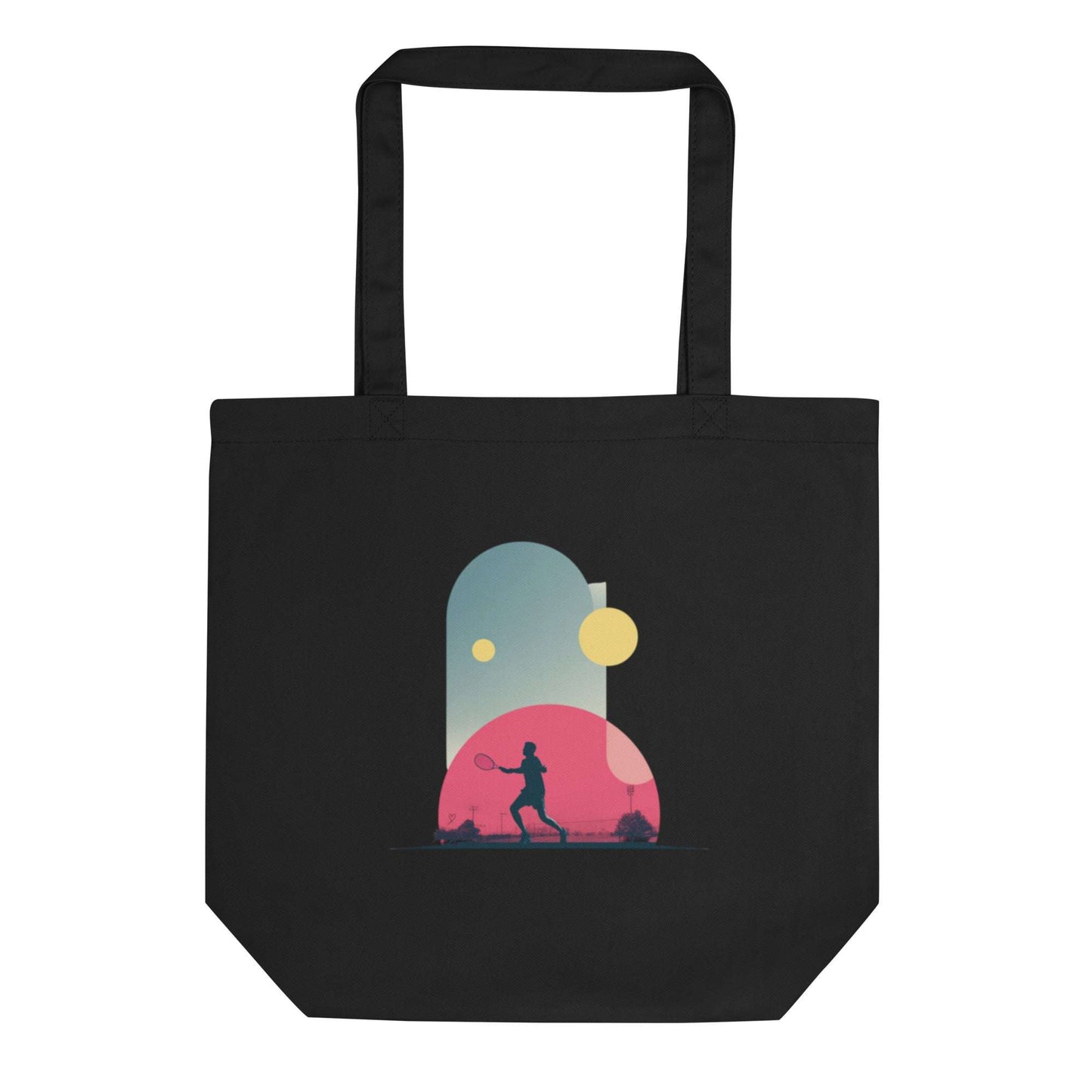 Tote-bag Smash Chromatique en coton bio noir avec illustration colorée d’un joueur de tennis en action, mélange de rose vif, bleu et jaune lumineux, style graphique dynamique, sur fond évoquant un court en plein air. Vue à plat.