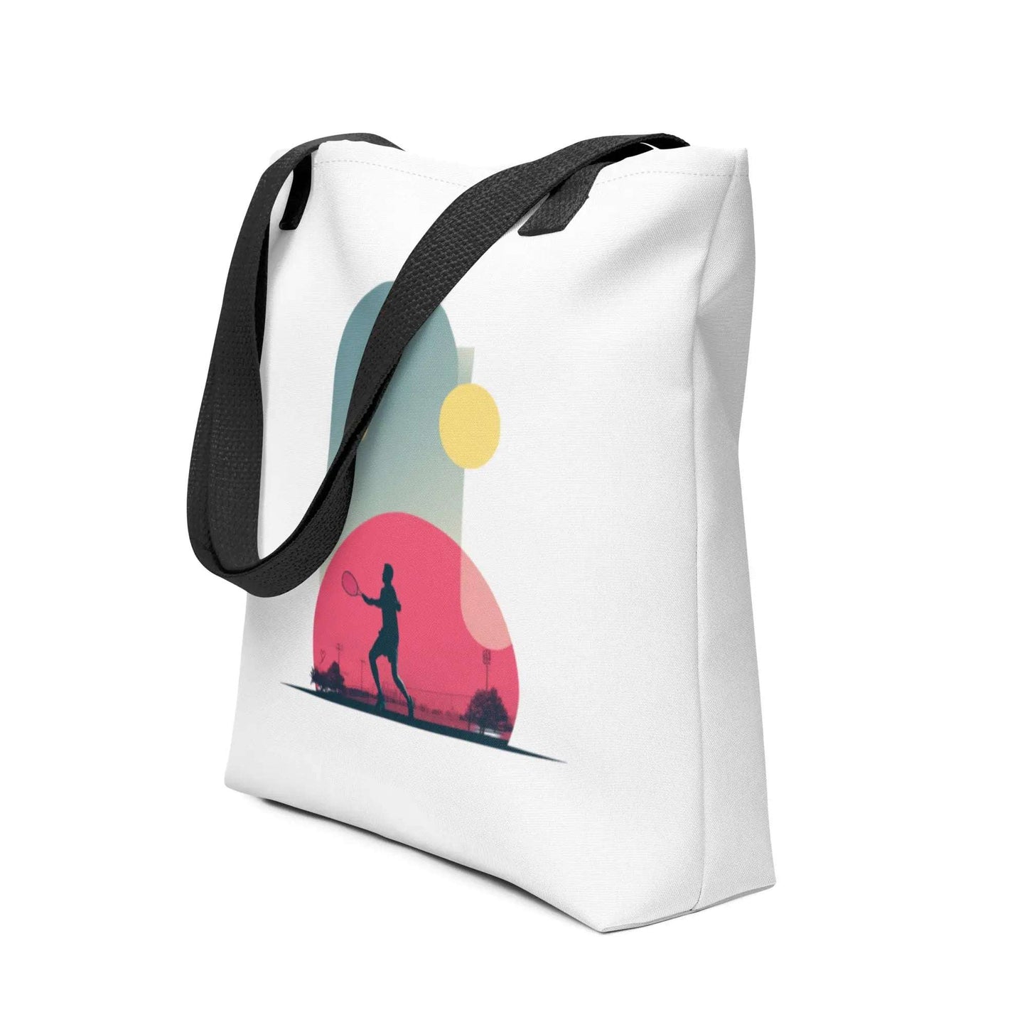 Tote-bag Smash Chromatique avec illustration colorée d’un joueur de tennis en action, mélange de rose vif, bleu et jaune lumineux, style graphique dynamique, sur fond évoquant un court en plein air. Vue en biais