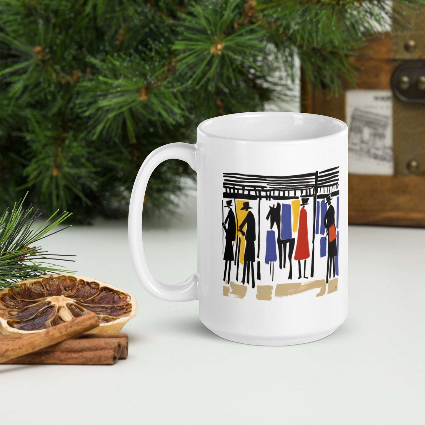 Mug Les Écuries Idée Passion sur table décorative – cadeau original pour passionnés de chevaux, art et décoration contemporaine.