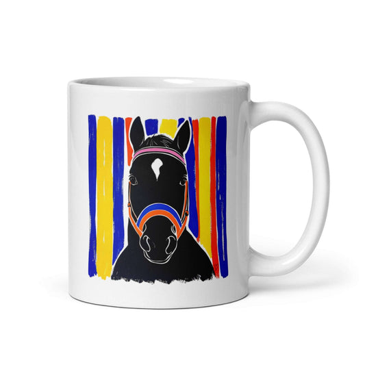 Mug Charlie 11oz en céramique brillante avec illustration stylisée d’un cheval noir majestueux sur fond vibrant de rayures verticales bleu, jaune, rouge et orange, flamme blanche en V et licou rose et bleu, design contemporain et minimaliste signé Idée Passion avec petit cœur, idéal pour cavaliers, passionnés de chevaux et amateurs de décoration originale, résistant au lave-vaisselle et au micro-ondes