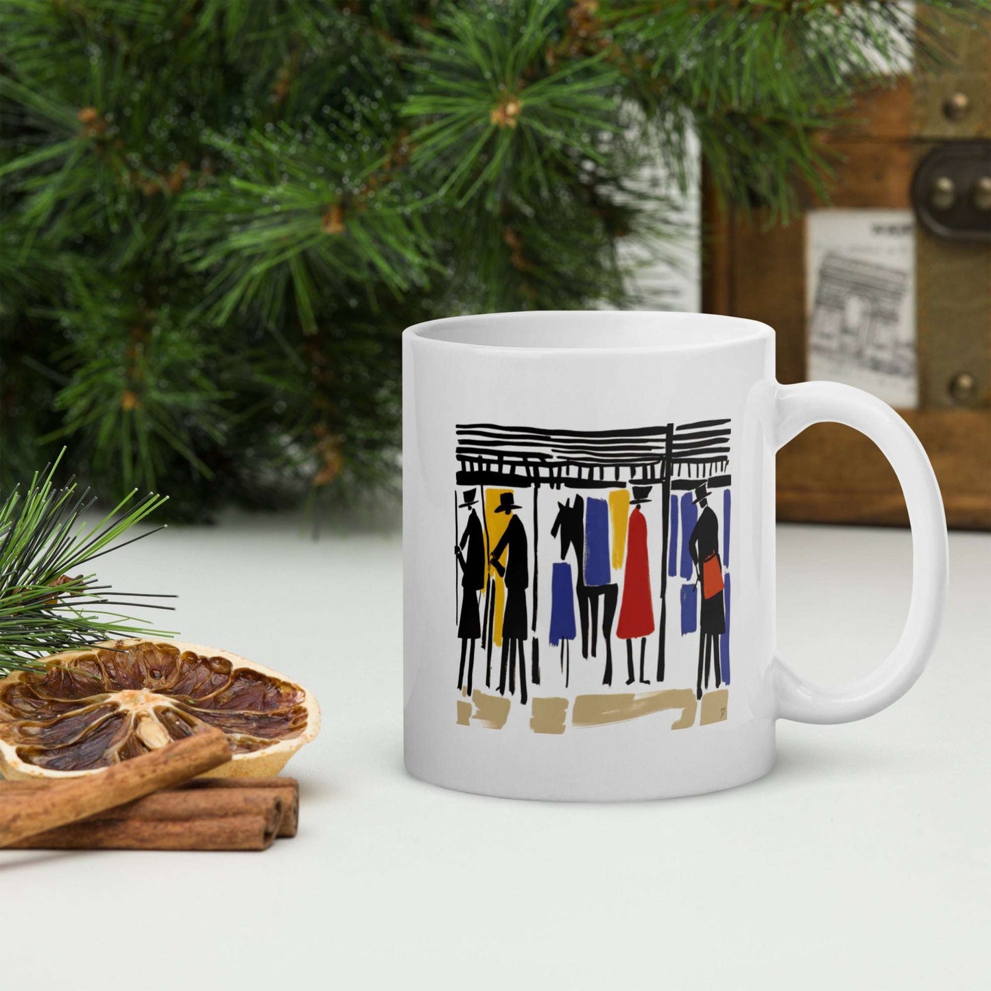 Mug Les Écuries côté gauche – illustration pop art équestre originale, couleurs vives et composition dynamique, Idée Passion.