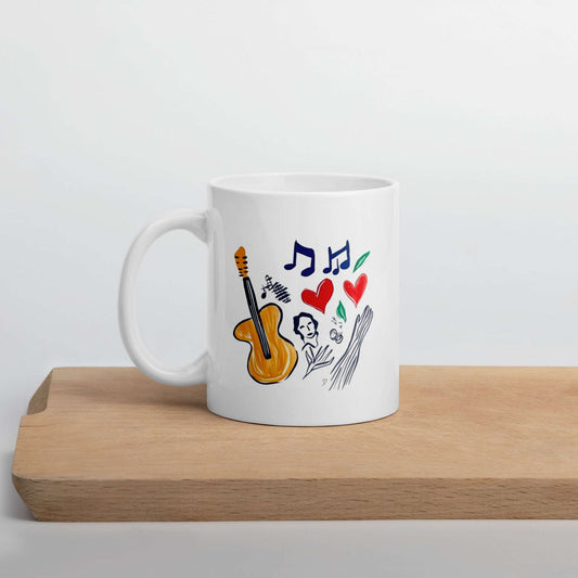Tasse musique et émotions avec guitare, cœurs rouges et feuilles vertes