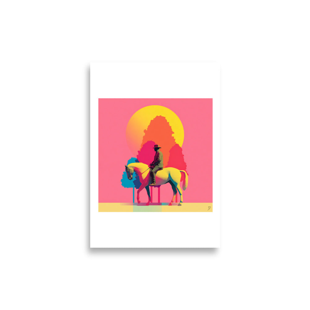 Affiche A4 moderne et rétro Tom & Billy, art équestre stylisé avec cavalier, cheval géométrique et arbres colorés dans un paysage surréaliste