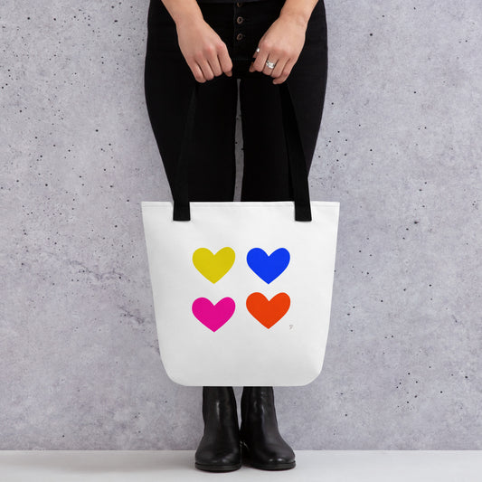 Tote bag éco-responsable avec cœurs jaunes, bleus, roses et rouges