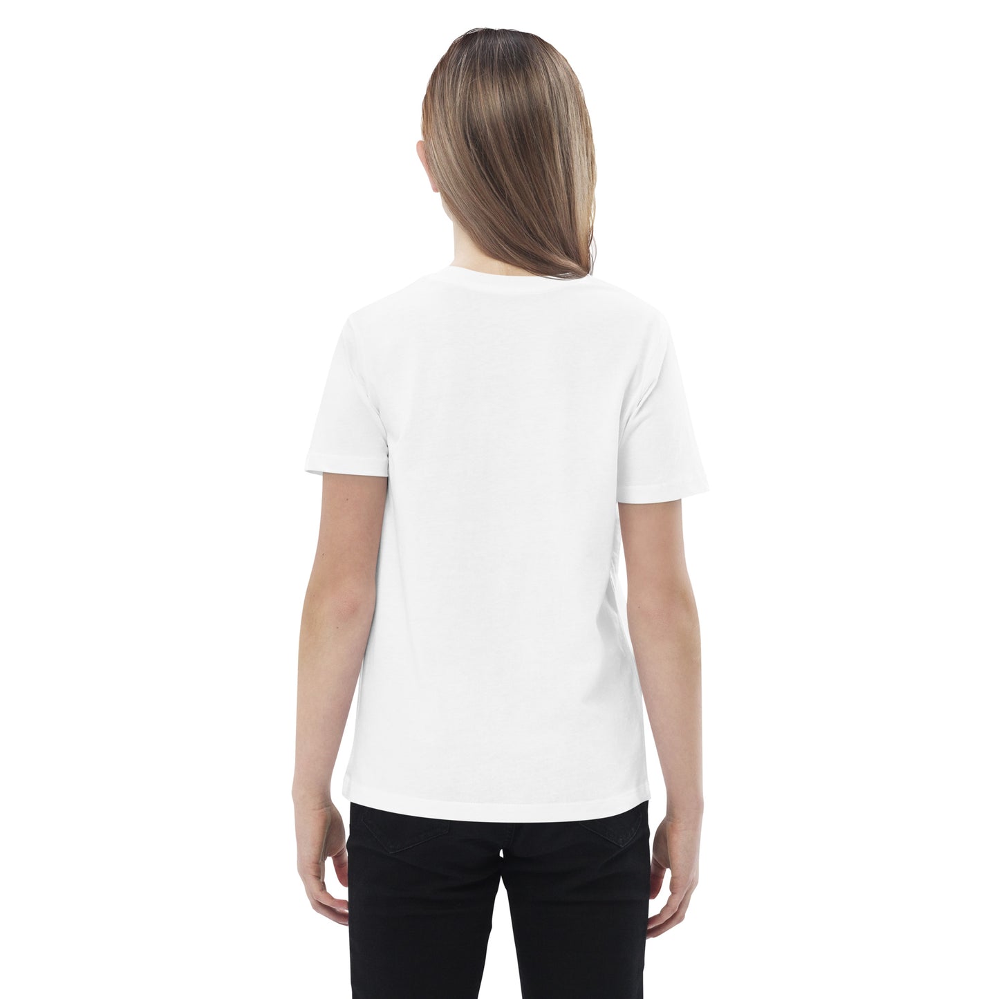 T-shirt enfant Charlie en coton bio vue de dos, design uni avec finition soignée et illustration signée Idée Passion avec petit cœur, confortable et doux, idéal pour jeunes passionnées de chevaux