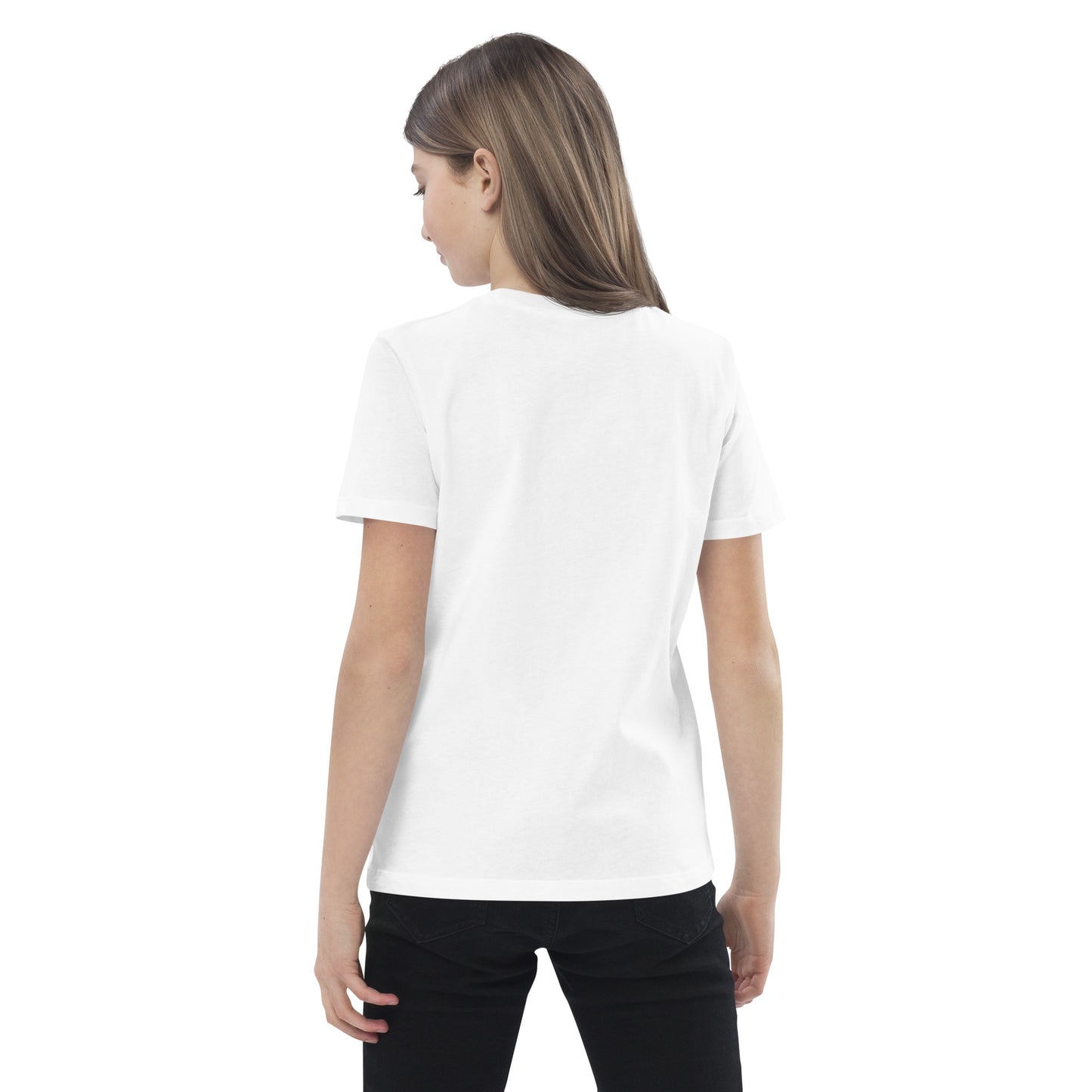 T-shirt enfant fille Charlie en coton bio vue de dos, design uni avec finition soignée et illustration signée Idée Passion avec petit cœur, confortable et doux, idéal pour jeunes passionnées de chevaux