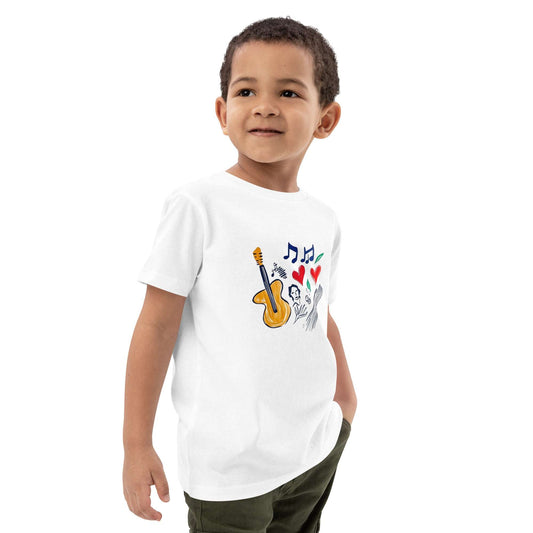 Détail guitare stylisée sur T-shirt bio enfant “Le Concert”