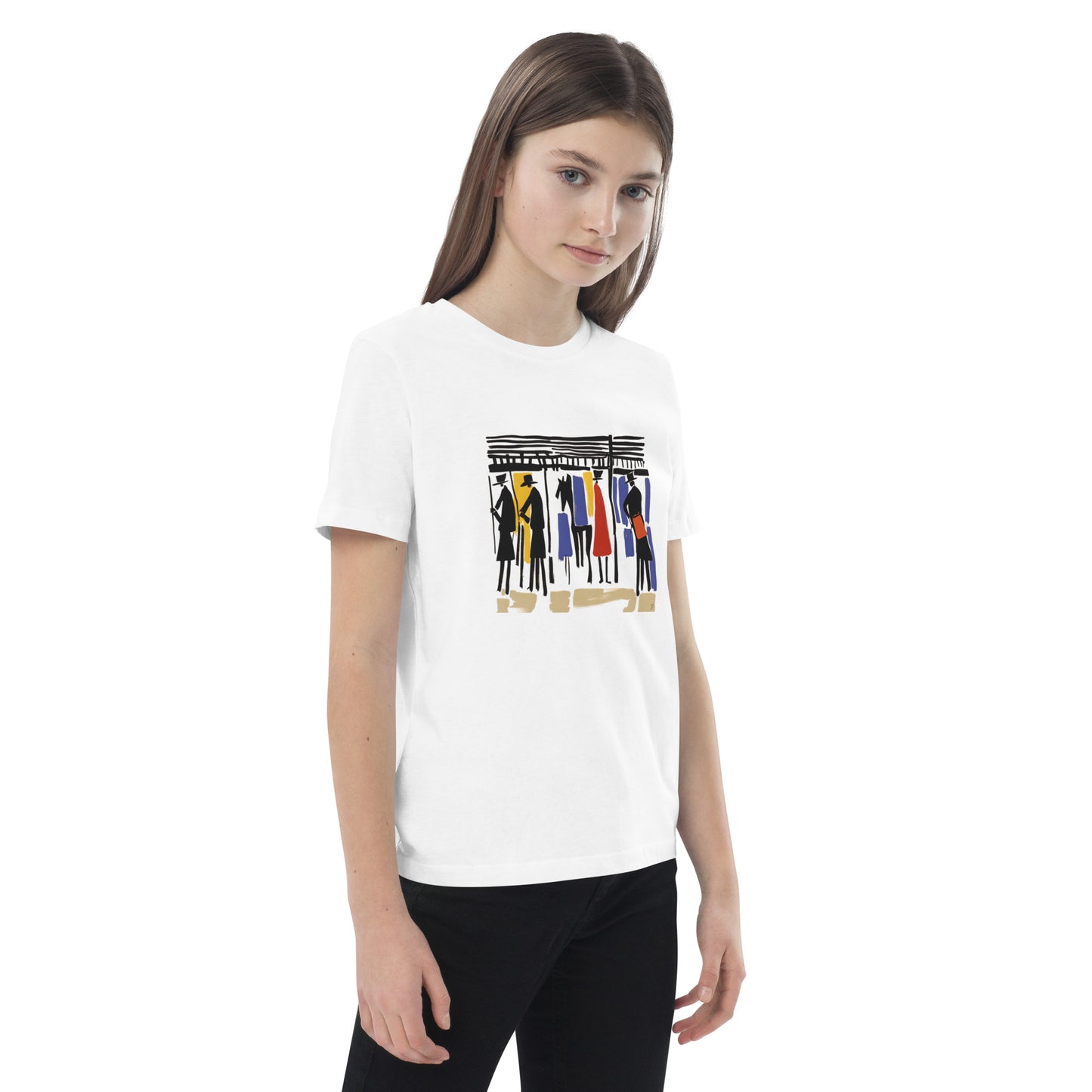 Vue du T-shirt bio “Les Écuries” – illustration équestre aux couleurs bleu, jaune, rouge et noir