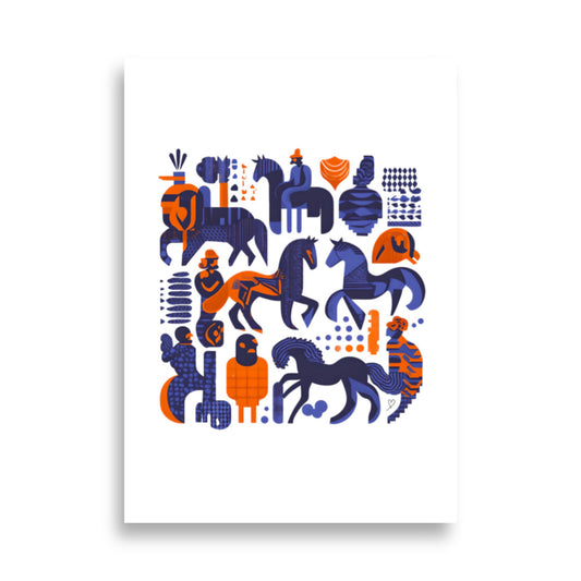 Affiche Carrousel chevaux et cavaliers illustration moderne