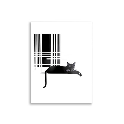 Chat noir stylisé assis sur rebord de fenêtre, illustration minimaliste noir et blanc. Cadeau idéal pour amateur de chats.