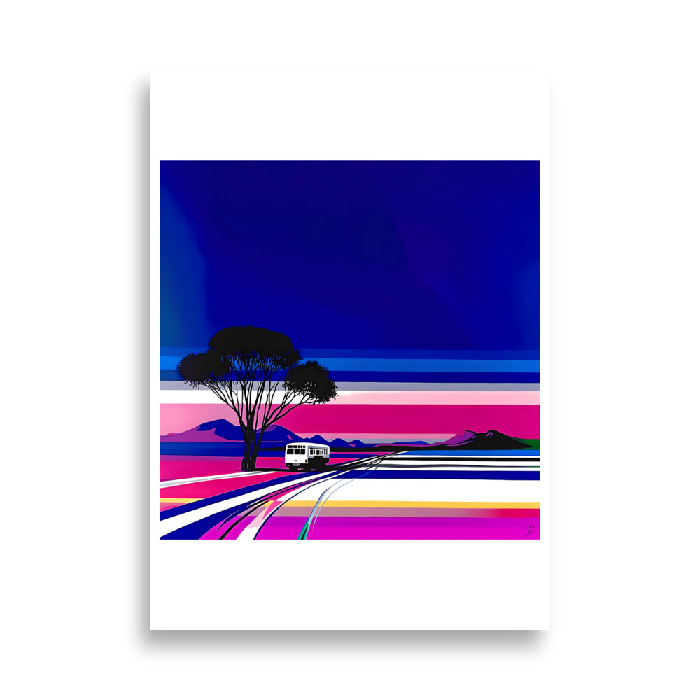 Affiche Safari Idée Passion – illustration moderne paysage nature et bus blanc au crépuscule