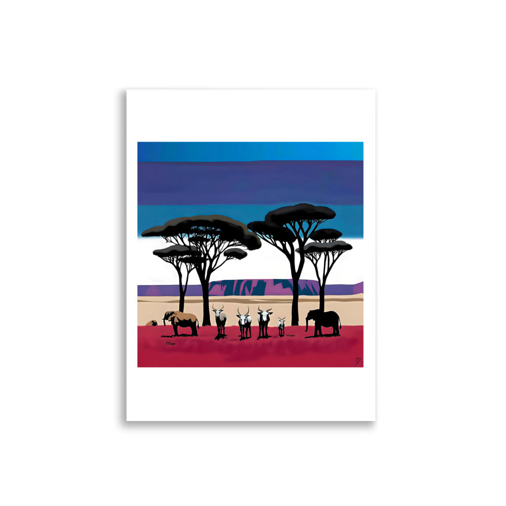 Poster déco savane – prairie rouge et ciel violet, design moderne Idée Passion