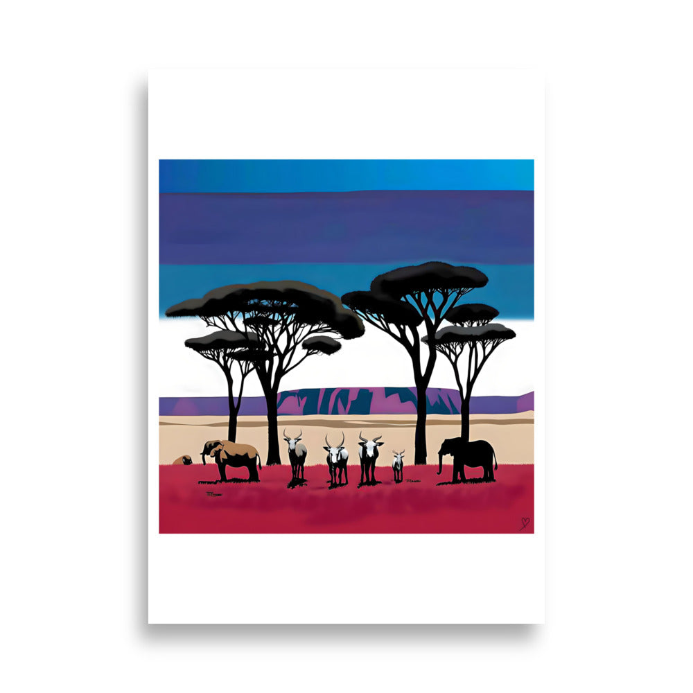 Affiche Symphonie Sauvage Idée Passion – illustration savane africaine avec éléphants et antilopes