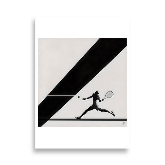 Affiche Tennis Bauhaus Idée Passion – illustration minimaliste joueur de tennis noir et blanc avec balle verte