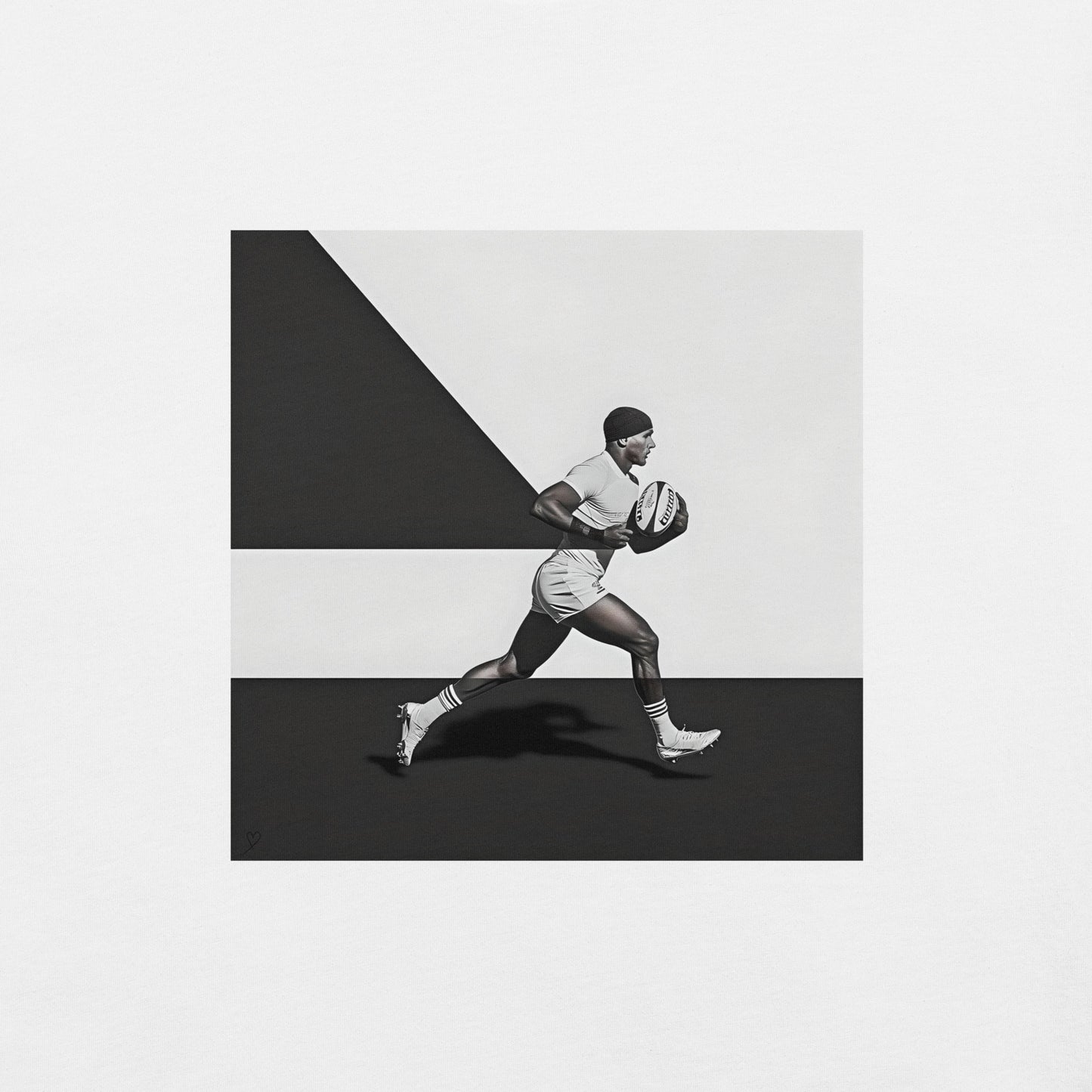 Détail de l'illustration sur t-shirt – joueur de rugby stylisé en noir et blanc