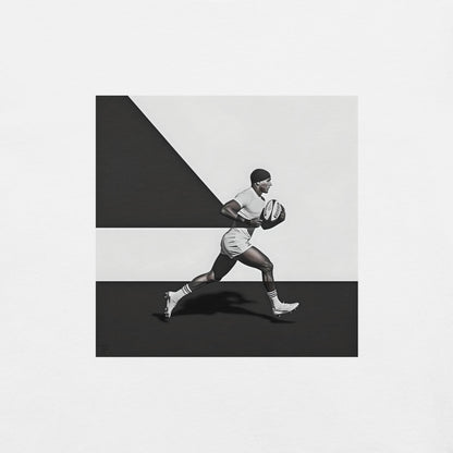 Détail de l'illustration sur t-shirt – joueur de rugby stylisé en noir et blanc