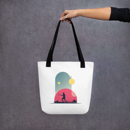 Tote-bag Smash Chromatique avec illustration colorée d’un joueur de tennis en action, mélange de rose vif, bleu et jaune lumineux, style graphique dynamique, sur fond évoquant un court en plein air.
