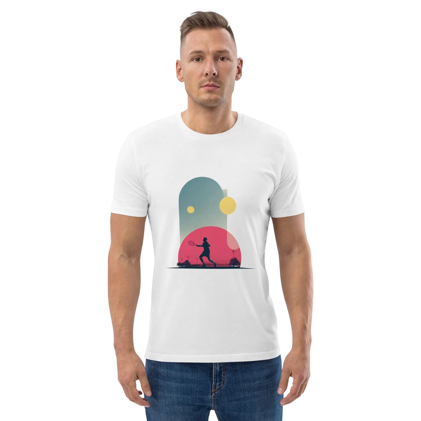 T-shirt "Smash Chromatique" en coton bio, design graphique coloré d’un joueur de tennis pour hommes et femmes.