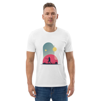 T-shirt "Smash Chromatique" en coton bio, design graphique coloré d’un joueur de tennis pour hommes et femmes.
