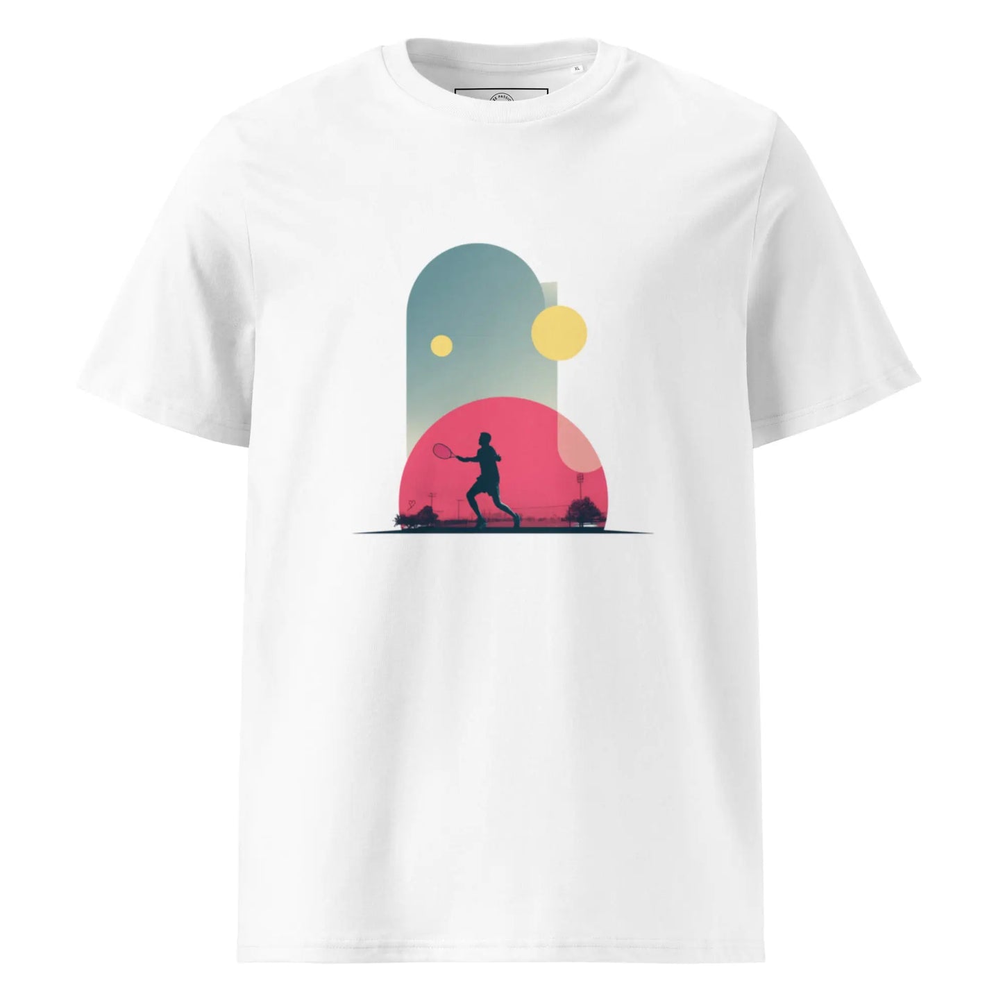 T-shirt adulte "Smash Chromatique" – coton bio, impression artistique colorée de tennis, parfait cadeau pour amateurs de sport et de design moderne. Coupe unisexe.