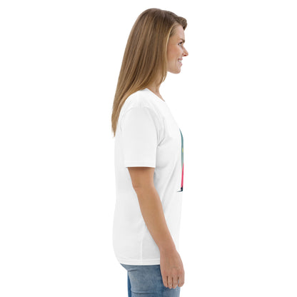 T-shirt adulte blanc en coton bio "Smash Chromatique" avec illustration d’un joueur de tennis en action, couleurs vives rose, bleu et jaune, style graphique dynamique évoquant mouvement et fluidité. Vue sur le profil droit