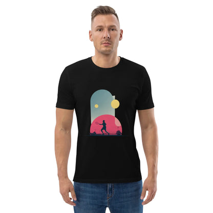 T-shirt bio noir "Smash Chromatique" pour amateurs de tennis et de design graphique, motif coloré d’un joueur en mouvement, style artistique moderne