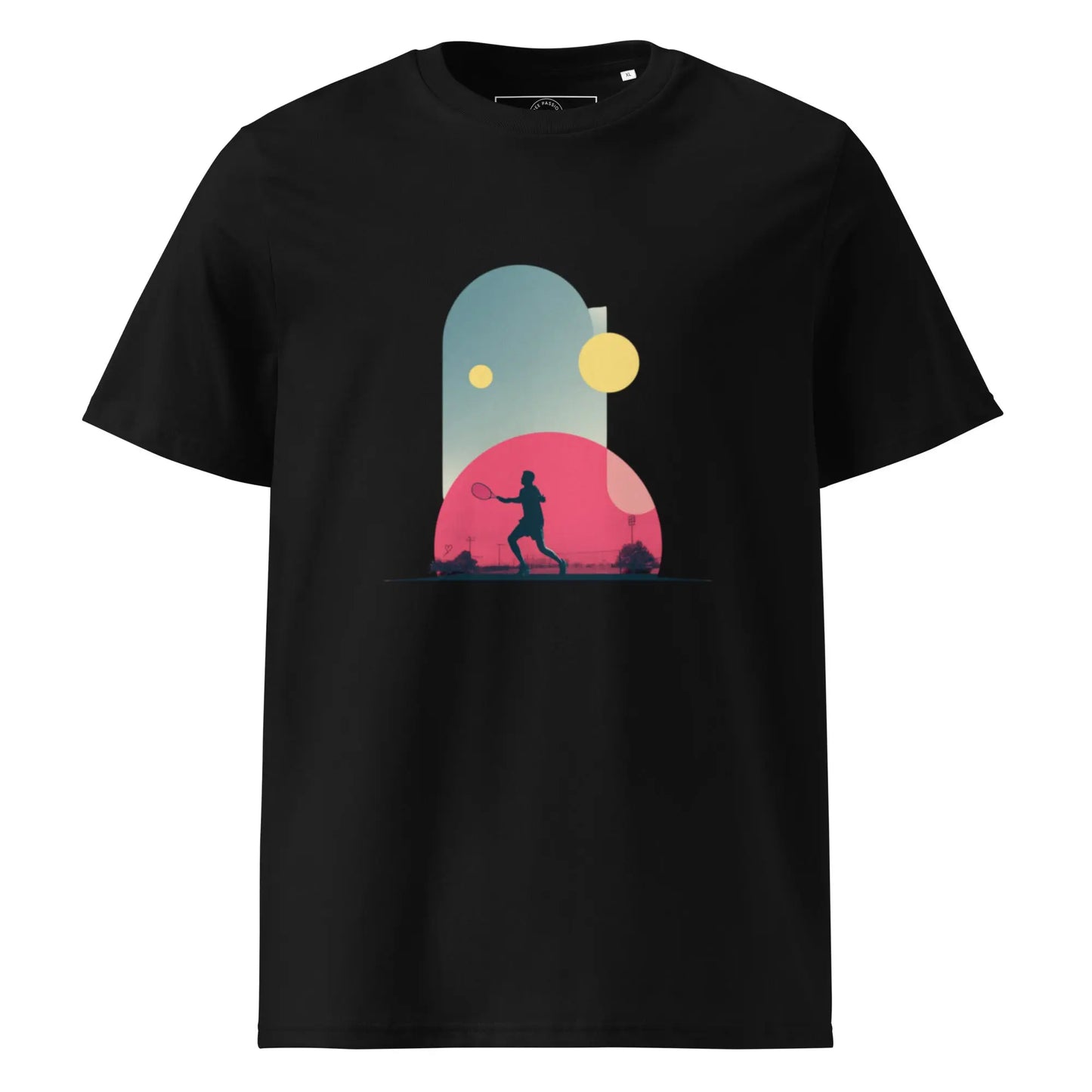 T-shirt adulte "Smash Chromatique" noir en coton bio, impression artistique dynamique, cadeau parfait pour passionnés de tennis et d’art graphique.
