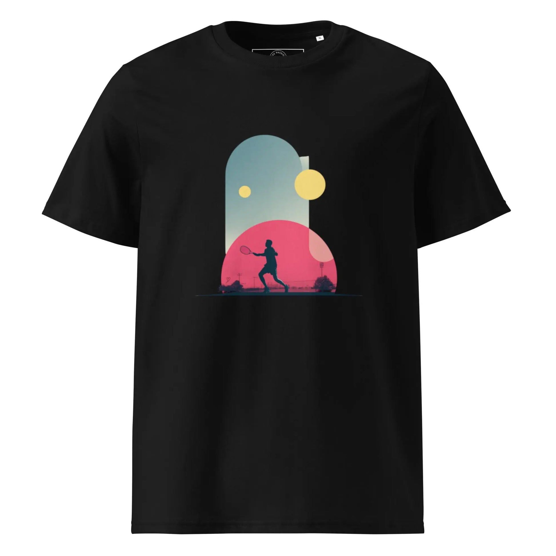 T-shirt adulte "Smash Chromatique" noir en coton bio, impression artistique dynamique, cadeau parfait pour passionnés de tennis et d’art graphique.