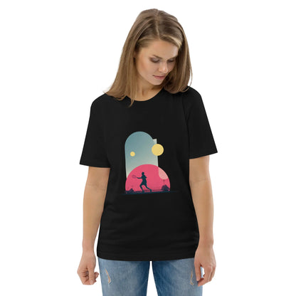 T-shirt adulte femme "Smash Chromatique" noir en coton bio, impression artistique dynamique, cadeau parfait pour passionnés de tennis et d’art graphique.