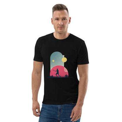 T-shirt noir "Smash Chromatique" en coton bio, inspiré par l’énergie du tennis et les contrastes lumineux entre rose, bleu et jaune sur fond sombre. 