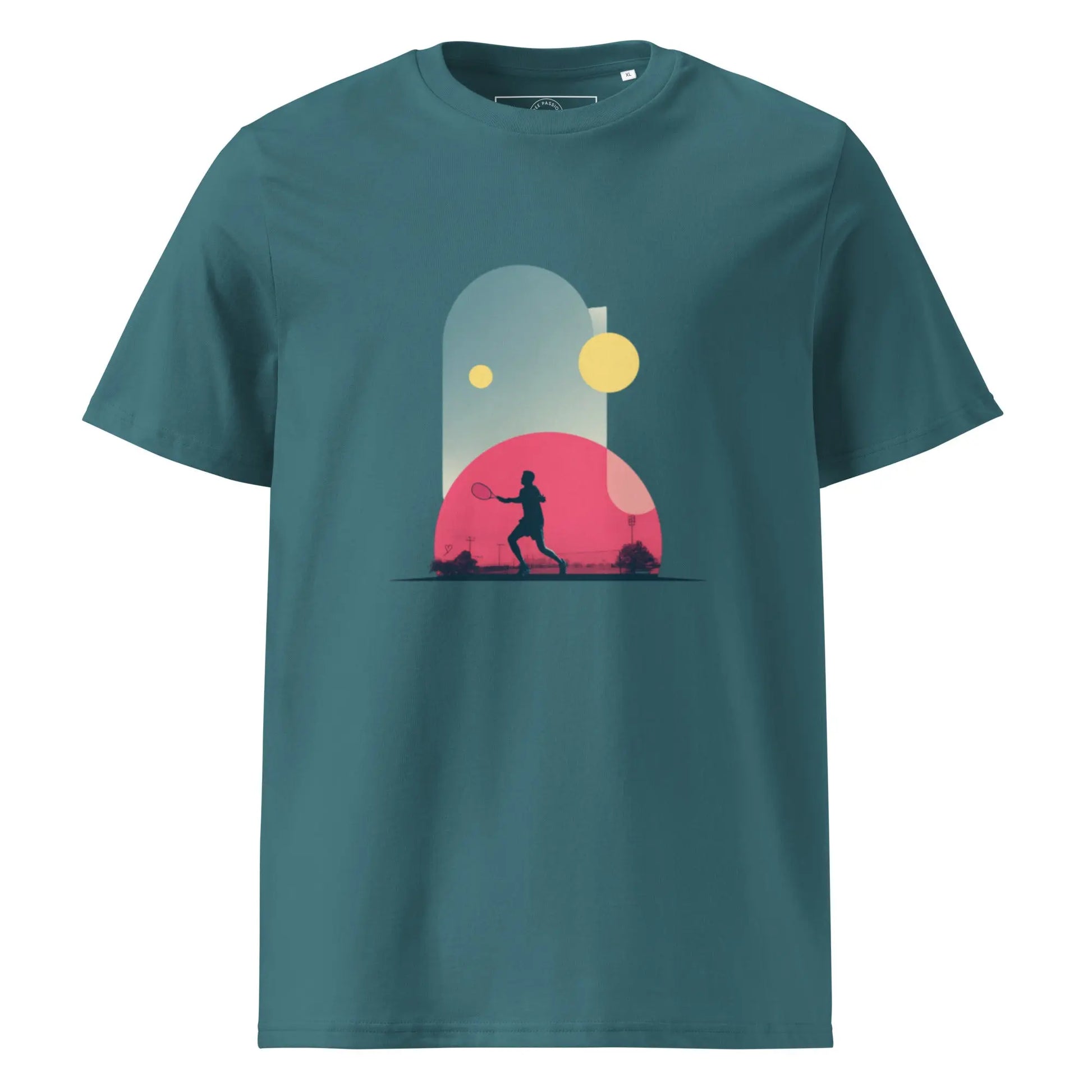 T-shirt vert-bleu "Smash Chromatique" en coton bio, illustration colorée de joueur de tennis.