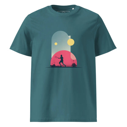T-shirt vert-bleu "Smash Chromatique" en coton bio, illustration colorée de joueur de tennis.