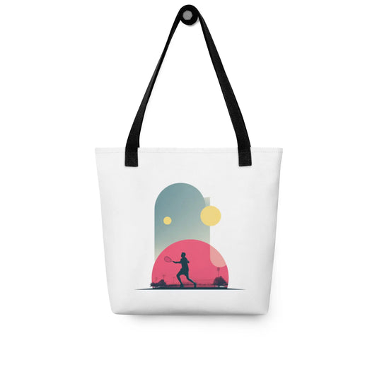 Tote-bag Smash Chromatique avec illustration colorée d’un joueur de tennis en action, mélange de rose vif, bleu et jaune lumineux, style graphique dynamique, sur fond évoquant un court en plein air.