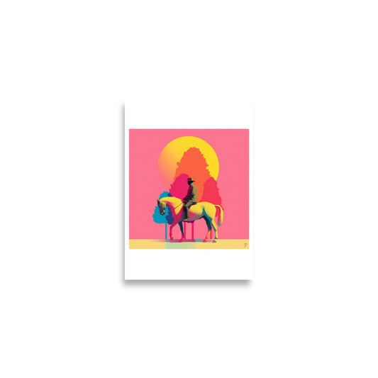 Affiche équitation A2 Tom & Billy, cavalier élégant sur cheval pop art avec arbres colorés et grand soleil orangé