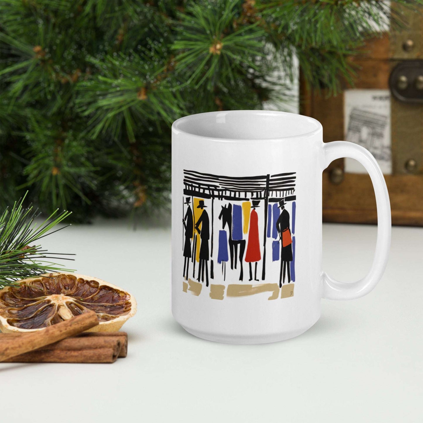 Mug Les Écuries côté gauche – design contemporain de cavaliers et chevaux, signé Idée Passion, parfait pour les passionnés d’art équestre.