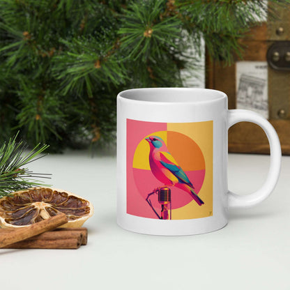 Mug Dalila pop art Idée Passion – oiseau et microphone vintage, design coloré pour collectionneurs et passionnés.