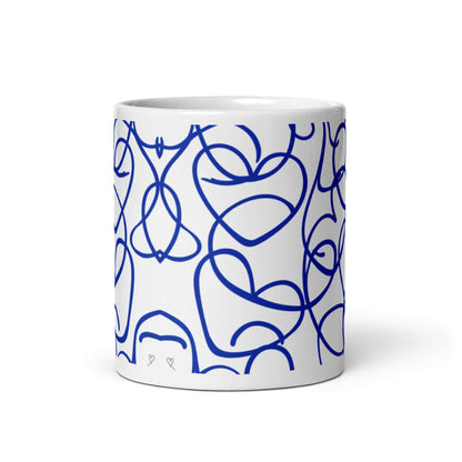 Mug "Bleu Passion" 11 oz, design abstrait et contemporain bleu avec cœurs, parfait pour amateurs de design graphique.