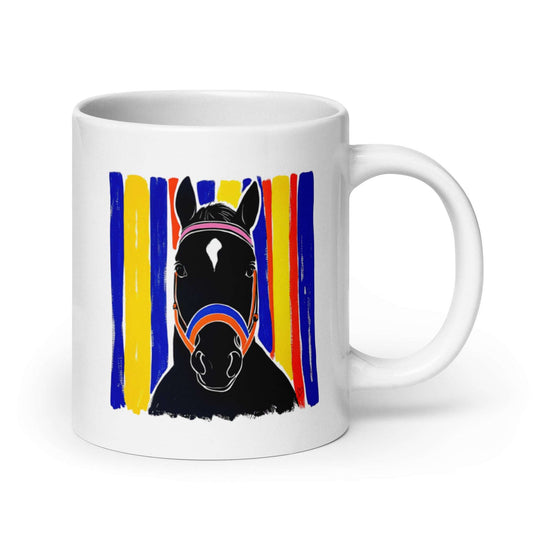 Mug Charlie 20oz en céramique de haute qualité avec illustration originale d’un cheval noir sur fond vibrant de rayures verticales bleu, jaune, rouge et orange, flamme blanche en forme de V et licou rose et bleu, design contemporain et artistique signé Idée Passion avec petit cœur, idéal pour cavaliers, passionnés de chevaux, amateurs de décoration moderne et comme cadeau unique, résistant au lave-vaisselle et au micro-ondes