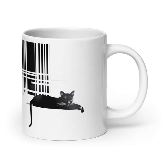 Illustration minimaliste chat noir sur mug blanc