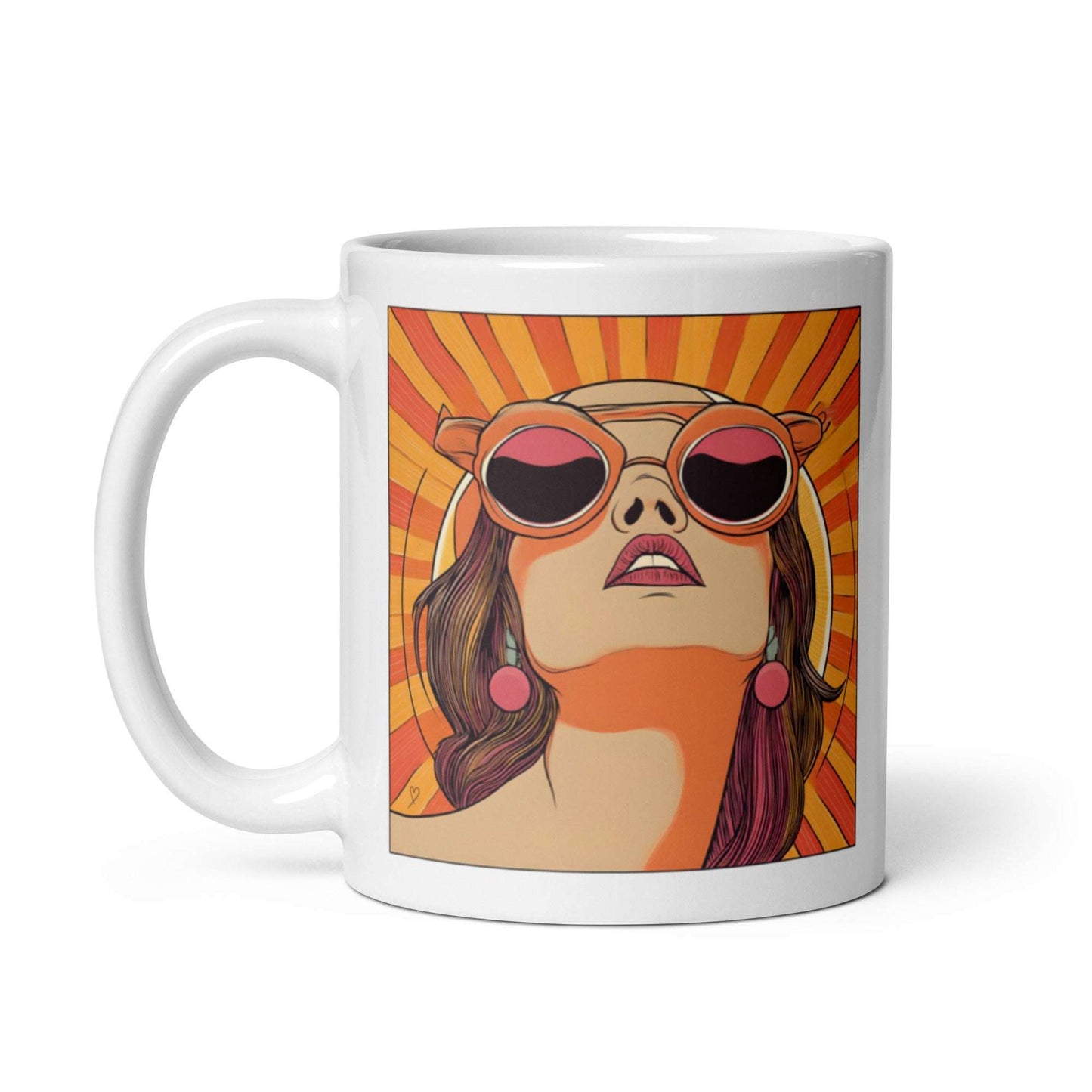 Mug "Mrs Sunshine" , Idée Passion – portrait féminin rétro aux tons chauds orange, rose et jaune, parfait pour décorer la cuisine ou le bureau avec une touche artistique et vintage.