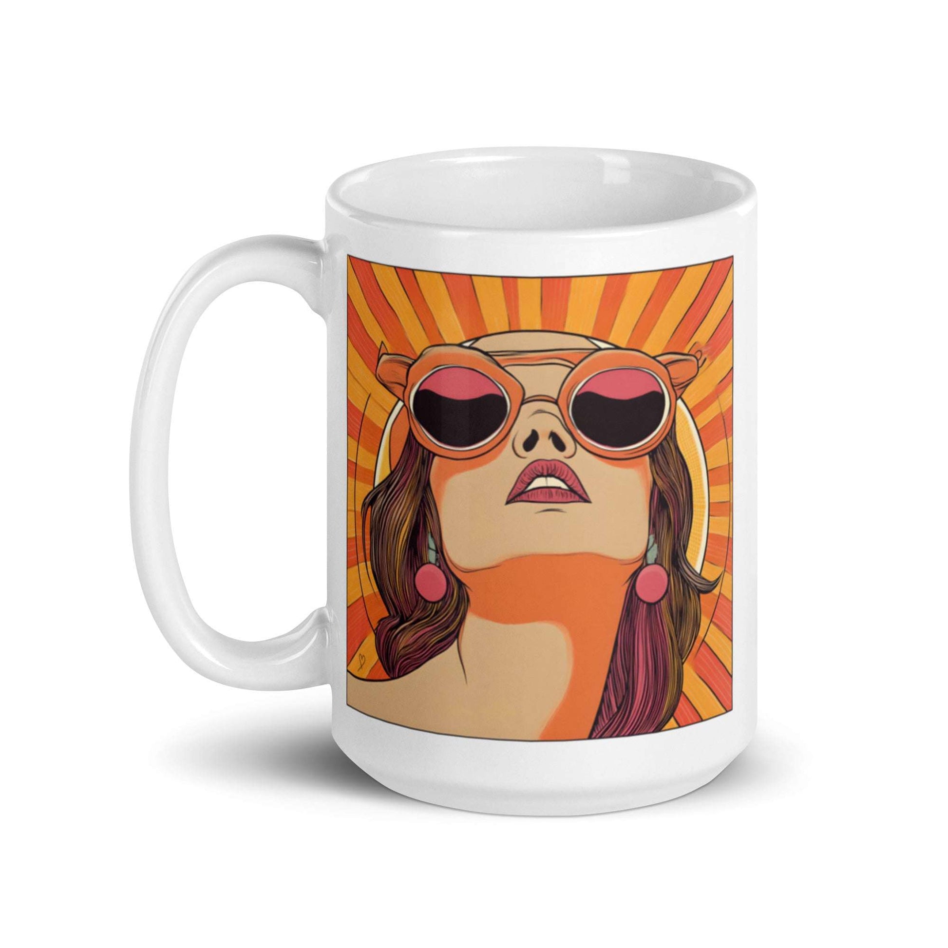 Mug "Mrs Sunshine" – design rétro coloré représentant une femme stylée entourée de rayons lumineux, cadeau original et plein de bonne humeur pour amateurs d’art et de déco.