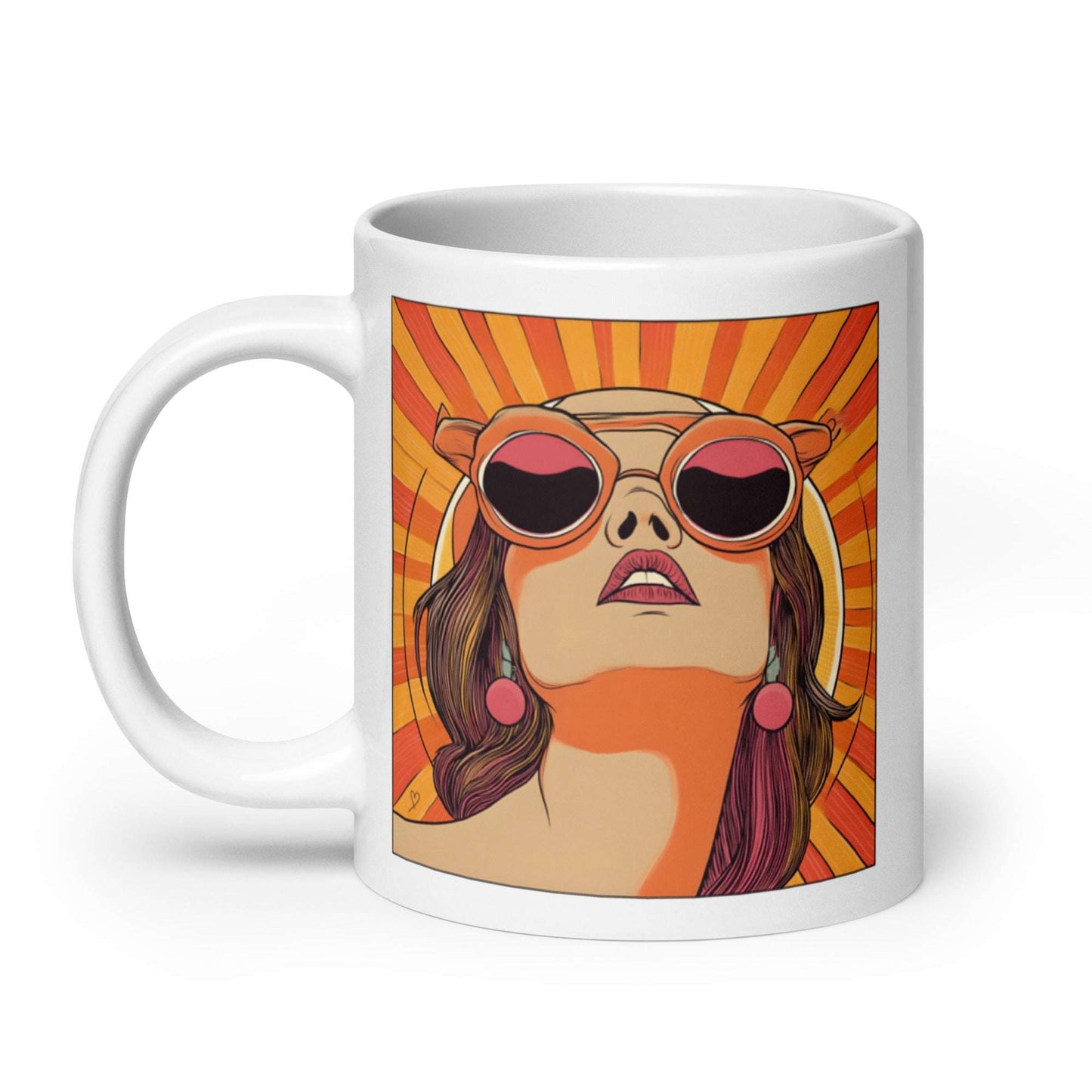 Mug "Mrs Sunshine" – illustration rétro vibrante d’une femme élégante aux grandes lunettes rondes, couleurs chaudes orange, rose et jaune, idéal pour passionnés d’art, de design et de culture vintage.