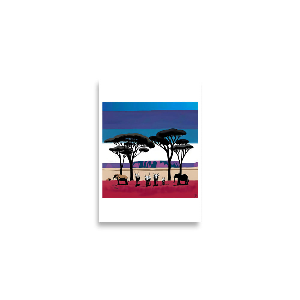 Affiche murale animaux d’Afrique – éléphants, antilopes et arbres typiques