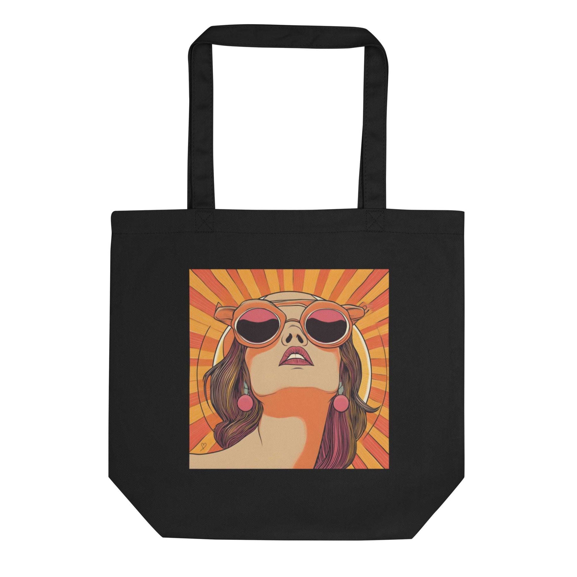 Sac en coton biologique avec portrait pop art femme, illustration “Mrs Sunshine”, cadeau original