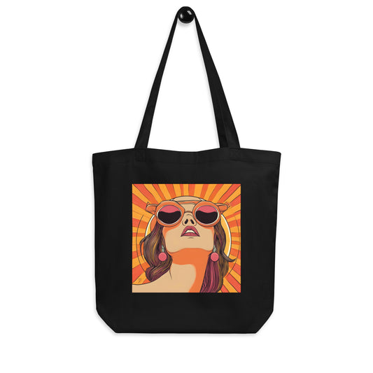 Tote bag bio avec illustration femme confiante et rayons de soleil, design Idée Passion