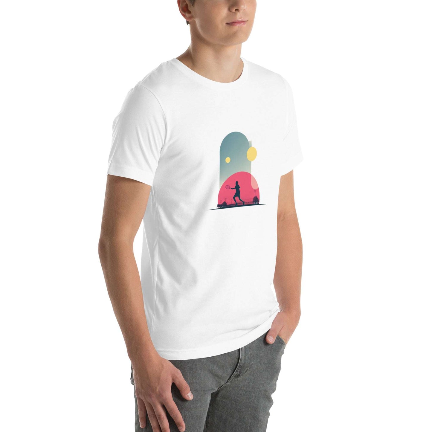 T-shirt unisexe ‘Smash Chromatique’, illustration numérique colorée d’un joueur de tennis, style artistique moderne, idéal pour amateurs d’art et de mode graphique