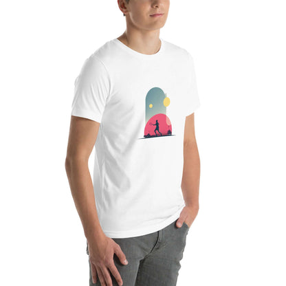 T-shirt unisexe ‘Smash Chromatique’, illustration numérique colorée d’un joueur de tennis, style artistique moderne, idéal pour amateurs d’art et de mode graphique