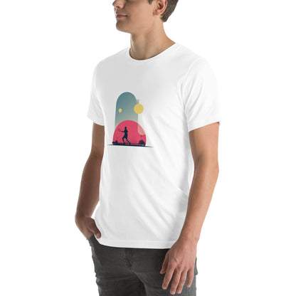 T-shirt unisexe ‘Smash Chromatique’, illustration colorée d’un joueur de tennis, design original, cadeau parfait pour amateurs de tennis et fans de design graphique