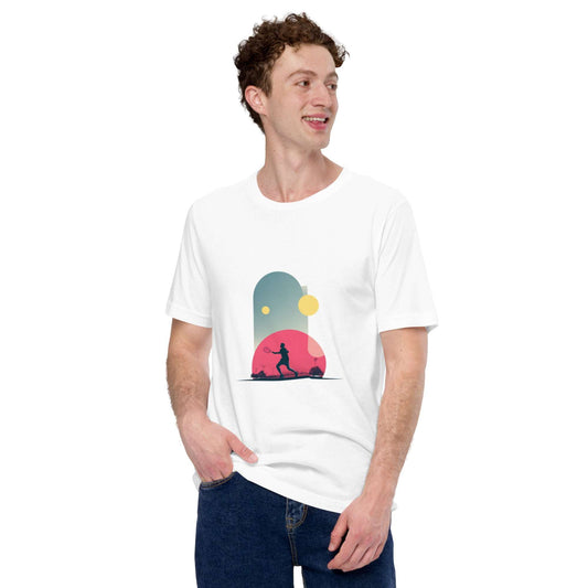 T-shirt unisexe ‘Smash Chromatique’, illustration artistique d’un joueur de tennis en action, couleurs vives rose, bleu et jaune, idéal pour passionnés de tennis et amateurs de design moderne